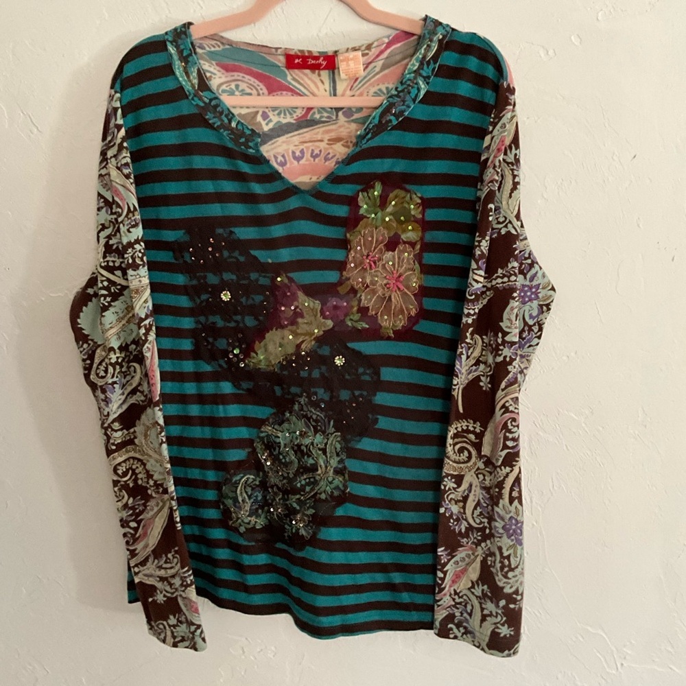 Derhy Mixed Media Striped & Floral Knit Top Size L/XL